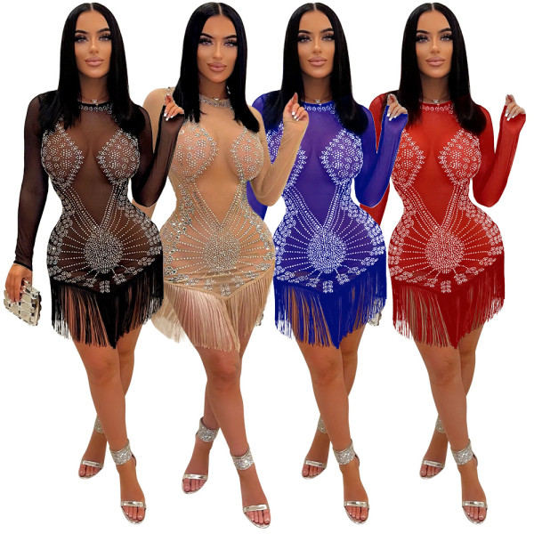 See-through Round Neck Long Sleeve Hot Diamond Dress Fringe Skirt