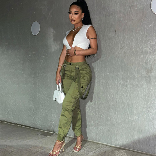 Casual Side Pocket Button Ribbon Pencil Trousers