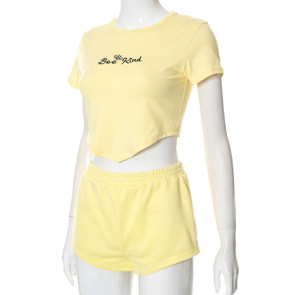 Open Waist Athleisure Letter Embroidered T-Shirt High Waist Shorts Set