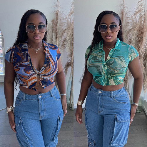 Fashion Printed Short Sleeve T-Shirt Women's POLO Neck Mesh Top