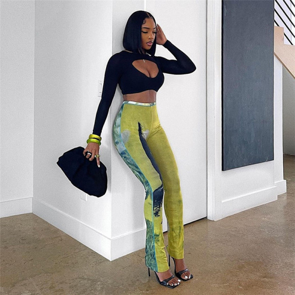 Sexy Perspective Mesh Print Breathable High Waist Hip Raise Thin Casual Pants