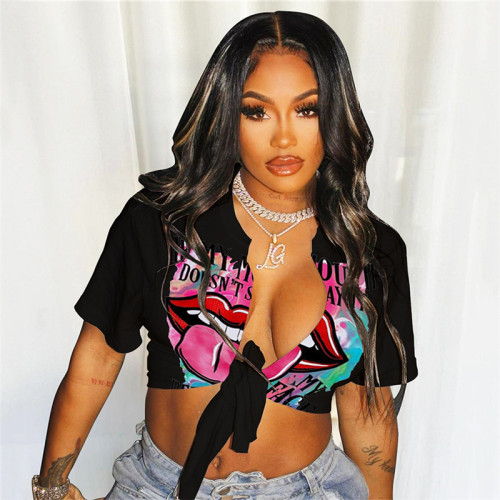 Digital printing street hipster short-sleeved navel cardigan slim casual top