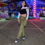 Casual Side Pocket Button Ribbon Pencil Trousers