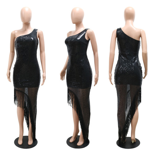One-shoulder party sequined fringed skirt dress with irregular slit