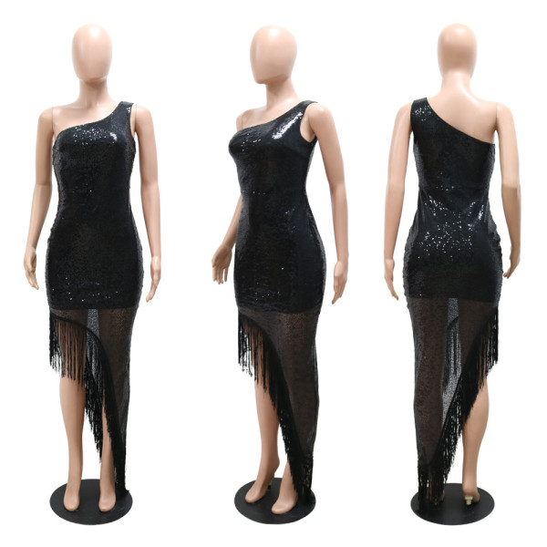 One-shoulder party sequined fringed skirt dress with irregular slit