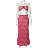 Drawstring Bandeau Print Top High Waist Slim Skirt