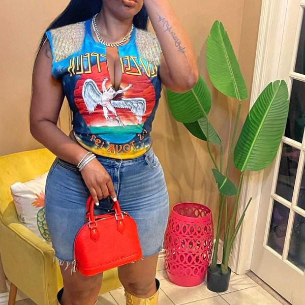 Printed Fringe Slit Sleeveless Tie T-Shirt Top