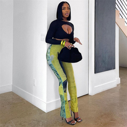 Sexy Perspective Mesh Print Breathable High Waist Hip Raise Thin Casual Pants