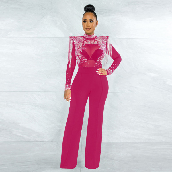 Fashion Sexy Casual Slim High Neck Perspective Hot Drill Tassel Jumpsuit