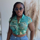 Fashion Printed Short Sleeve T-Shirt Women's POLO Neck Mesh Top