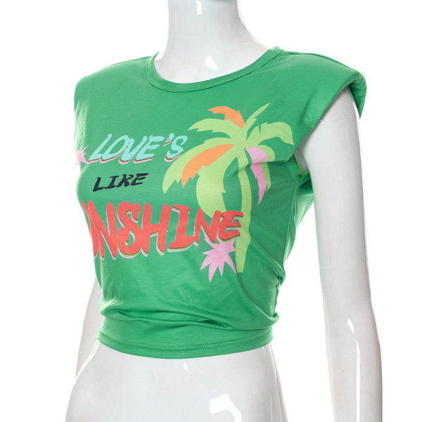 Sleeveless Street Print Slim Fit Sports Shoulder Pad T-Shirt