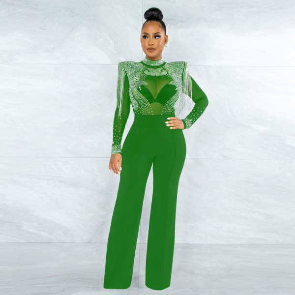 Fashion Sexy Casual Slim High Neck Perspective Hot Drill Tassel Jumpsuit