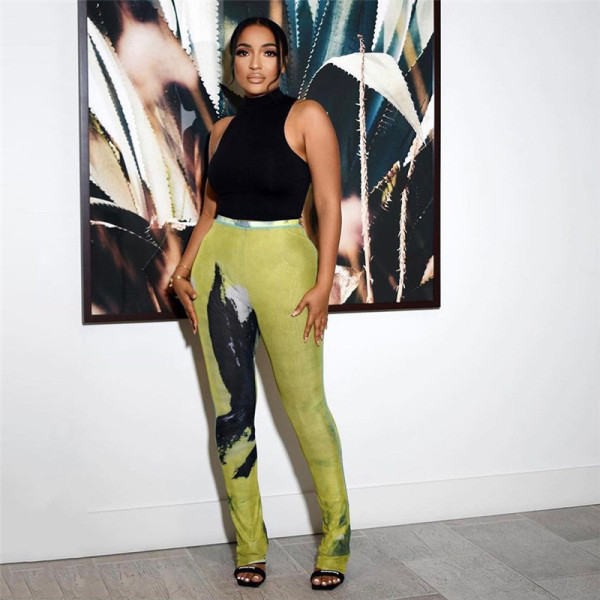 Sexy Perspective Mesh Print Breathable High Waist Hip Raise Thin Casual Pants