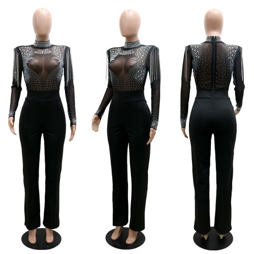 Fashion Sexy Casual Slim High Neck Perspective Hot Drill Tassel Jumpsuit