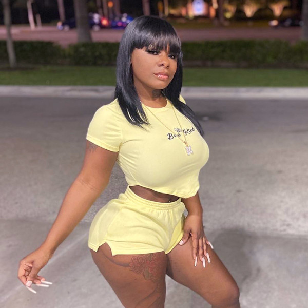 Open Waist Athleisure Letter Embroidered T-Shirt High Waist Shorts Set
