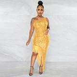 One-shoulder party sequined fringed skirt dress with irregular slit