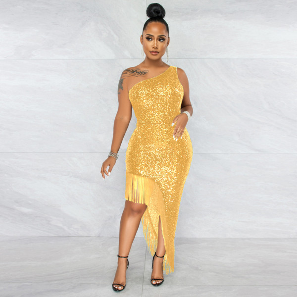 One-shoulder party sequined fringed skirt dress with irregular slit