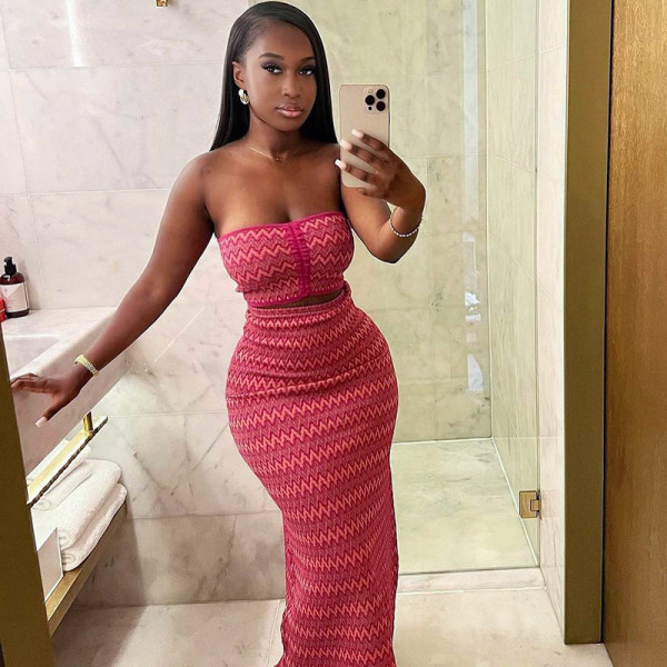 Drawstring Bandeau Print Top High Waist Slim Skirt