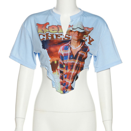 Digital printing irregular low-cut street hipster slim casual top