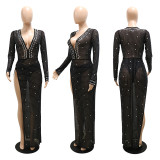 Fashion Sexy Perspective Deep V-neck Split Hot Drill Dress Without Underwear