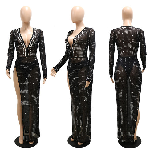 Fashion Sexy Perspective Deep V-neck Split Hot Drill Dress Without Underwear