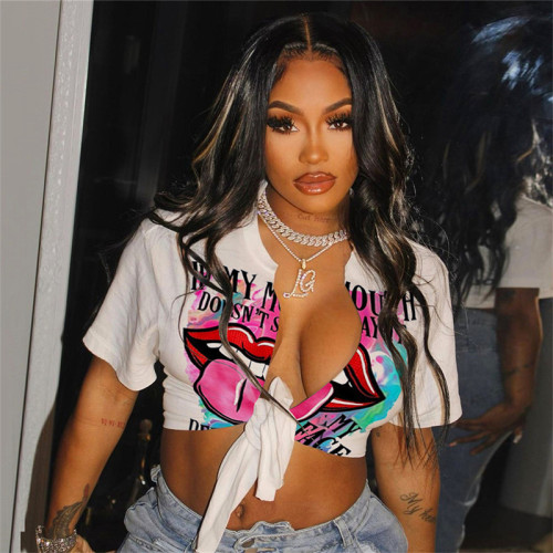 Digital printing street hipster short-sleeved navel cardigan slim casual top