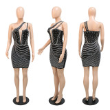 Women's slanted shoulder hot diamond bag hip sleeveless dress with bubble beads