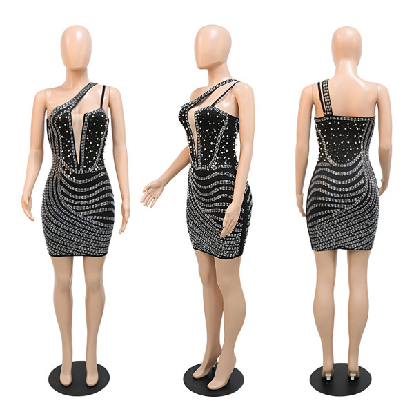 Women's slanted shoulder hot diamond bag hip sleeveless dress with bubble beads