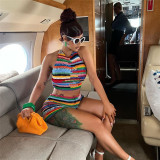 Fashion Print Halter Back Top High Waist Pack Hip Straight Leggings Set