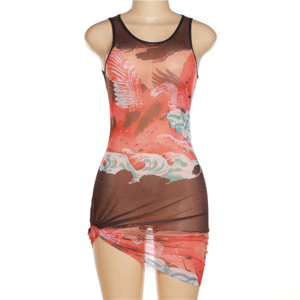 Sexy Babes Mesh Print Sleeveless Slim Fit Hip Dress