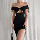 Sexy Off Shoulder Cutout Knotted Short Sleeve Deep V Body Dress