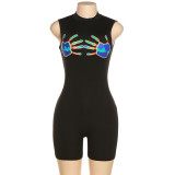 Fashion and creative printing round neck sleeveless slim fit hip one-piece casual pants