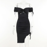 Sexy Off Shoulder Cutout Knotted Short Sleeve Deep V Body Dress
