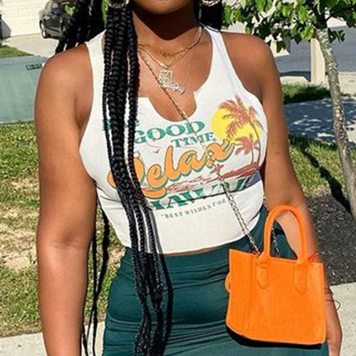 Ladies Casual Babes California Resort Style Coconut Print Irregular Crop Tank Top