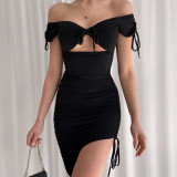 Sexy Off Shoulder Cutout Knotted Short Sleeve Deep V Body Dress