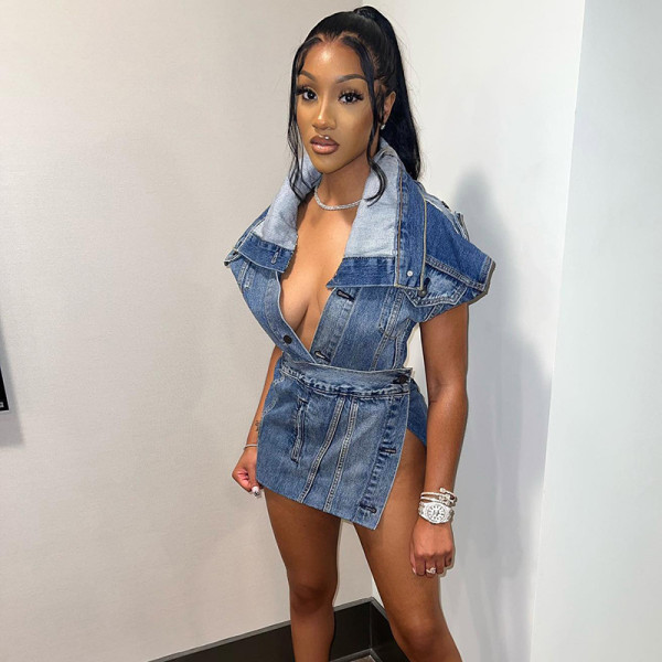 Casual Street Style Sleeveless High Slit Denim Skirt Suit