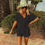 Fashion Short Sleeve Lapel Single Breasted Cardigan T-Shirt Casual Shorts Set