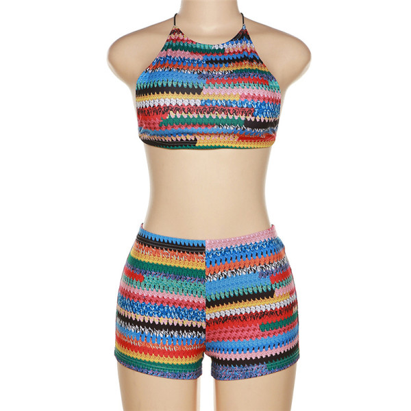 Fashion Print Halter Back Top High Waist Pack Hip Straight Leggings Set