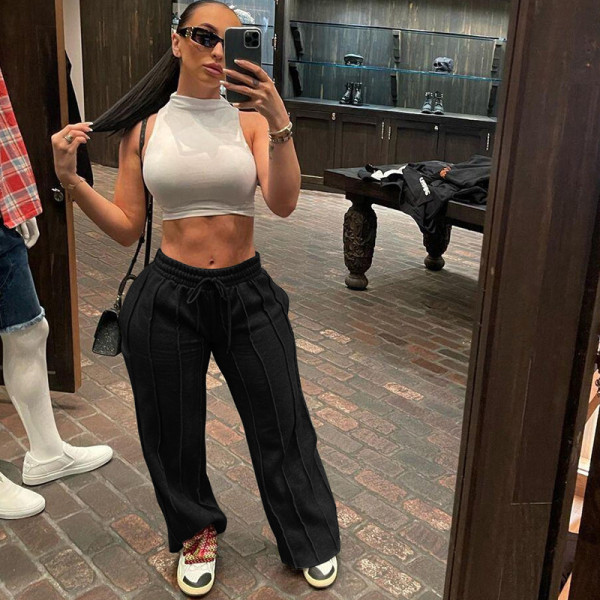 Elasticated High Waist Tie Loose Casual Track Pants