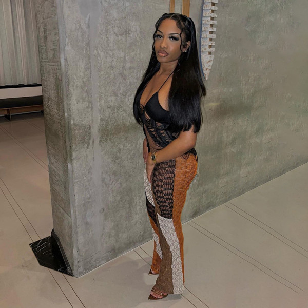Sexy mesh perspective stitching high waist slim breathable flared casual pants