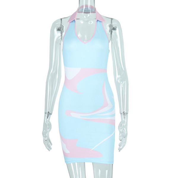 Contrasting Color Print Sexy Halter Sleeveless Backless Slim Fit Hip Short Dress