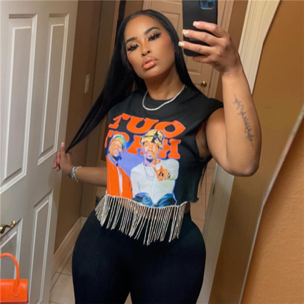 Women's Fashion Round Neck Sleeveless Pendant Hem Slim Fit Printed T-Shirt