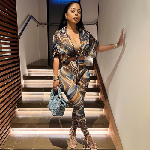 Sexy mesh see-through printing street shooting high waist tight trousers suit