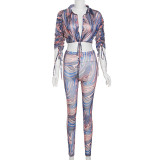 Sexy mesh see-through printing street shooting high waist tight trousers suit