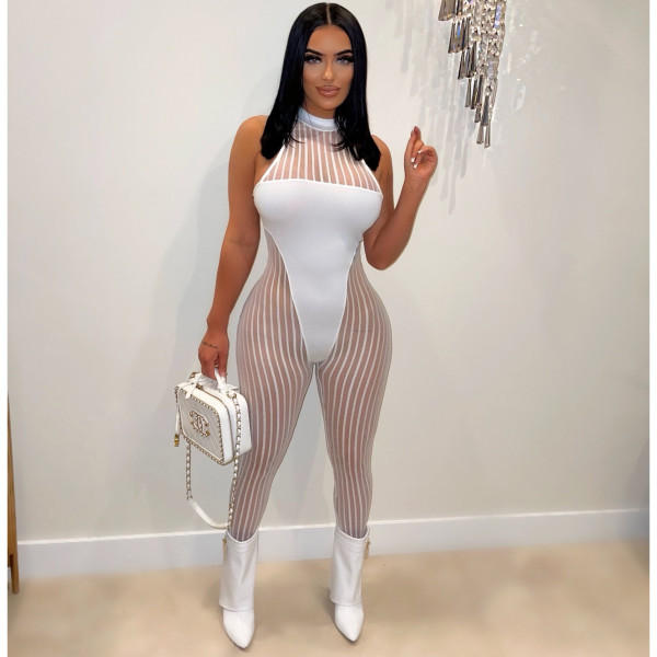 Solid Color Mesh Panel Sexy Perspective Slim Bodysuit