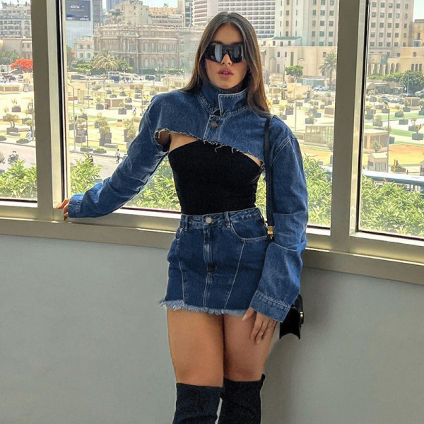 Short denim jacket trendy women's long sleeve crop top