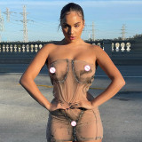 Solid color mesh sexy body print one-shoulder dress