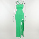 One Shoulder Chain Hollow Lace Up Dress Summer Sexy Slit Long Skirt