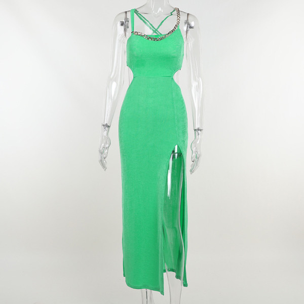 One Shoulder Chain Hollow Lace Up Dress Summer Sexy Slit Long Skirt