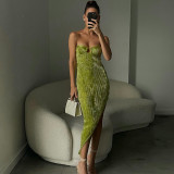 Glossy Tube Top Asymmetric Dress Sexy Backless Dress